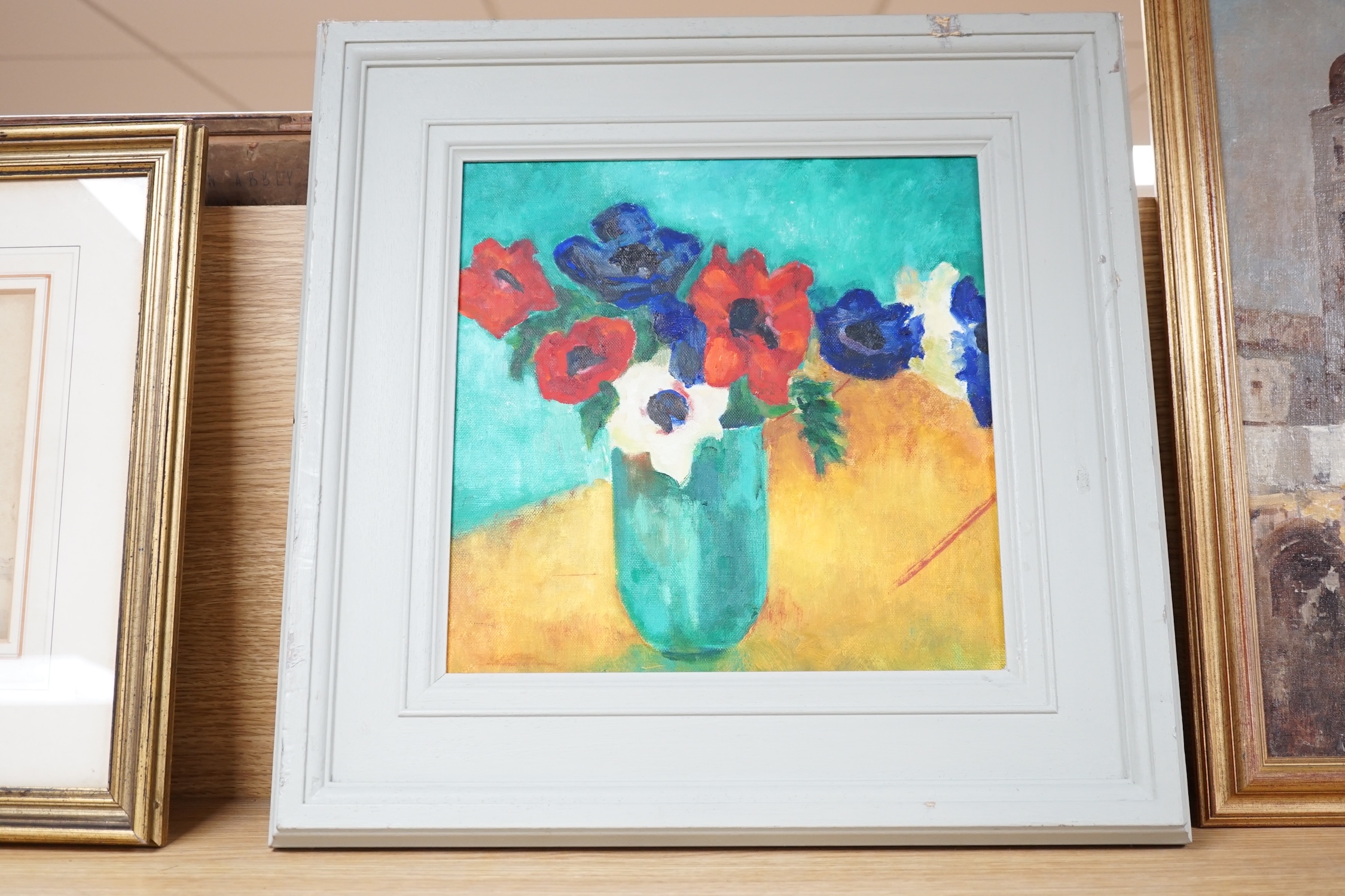 Gill Speirs, oil on canvas, ‘Anemones’, signed and dated ‘16 verso, The Chelsea Art Society label verso, 28 x 28cm. Condition - good, damage to the frame